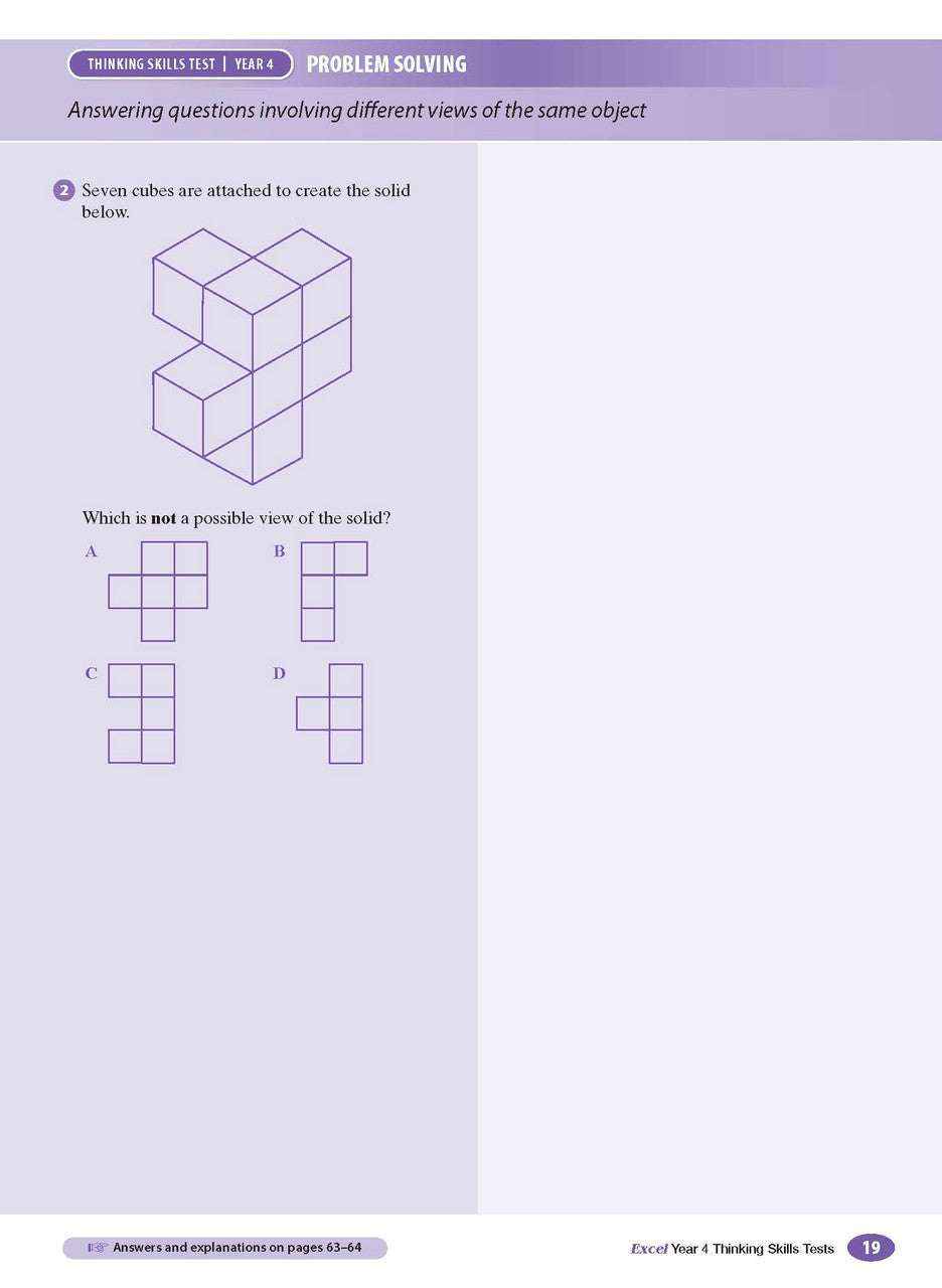 Sample interior page from the Excel Thinking Skills Tests Year 4 workbook as shown in the publisher gallery