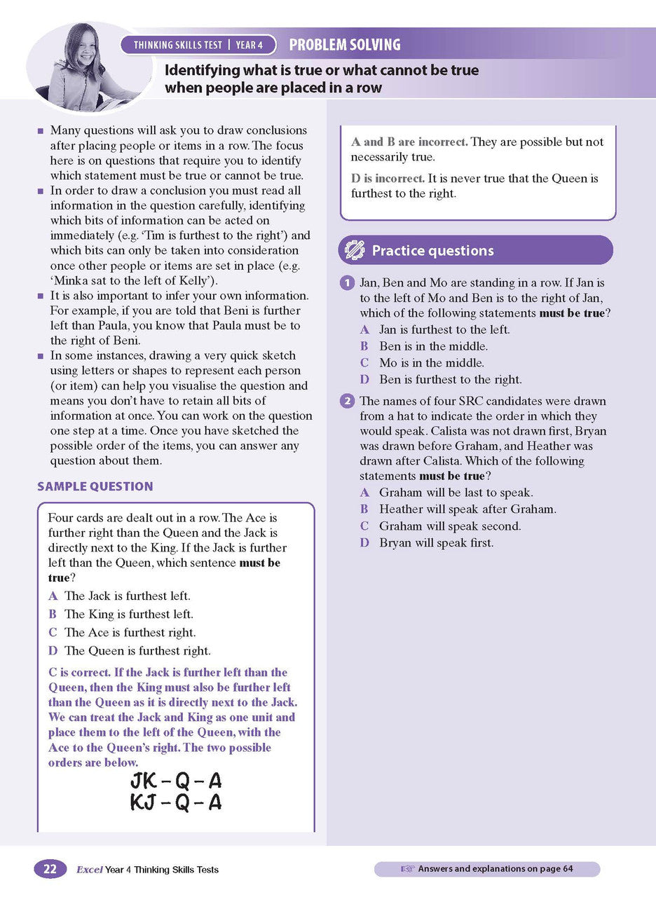 Sample interior page from the Excel Thinking Skills Tests Year 4 workbook as shown in the publisher gallery