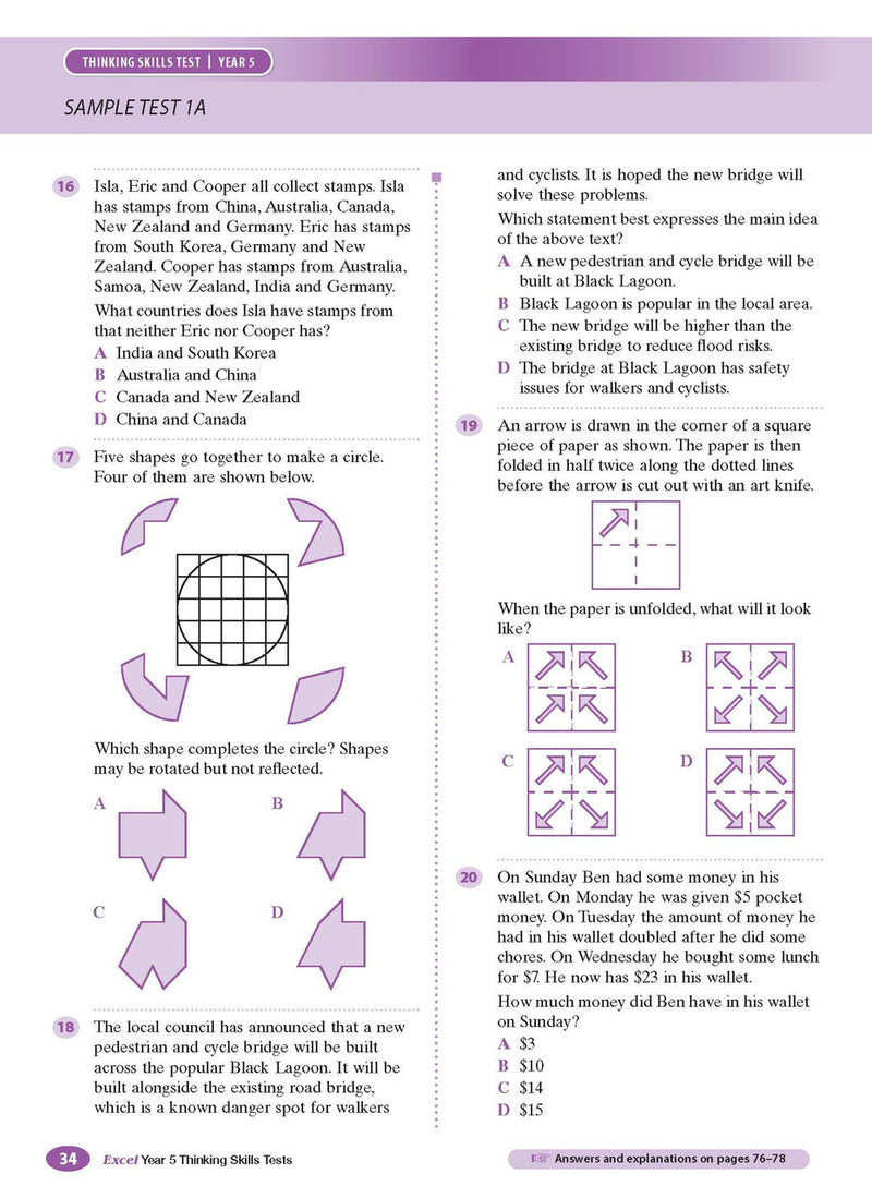 Sample interior page from the Excel Thinking Skills Tests Year 5 workbook as shown in the publisher gallery