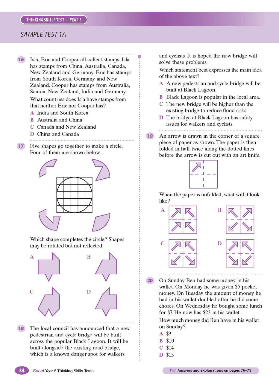 Sample interior page from the Excel Thinking Skills Tests Year 5 workbook as shown in the publisher gallery