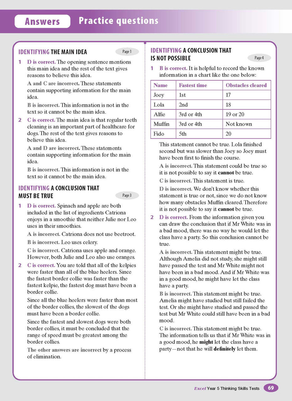 Sample interior page from the Excel Thinking Skills Tests Year 5 workbook as shown in the publisher gallery