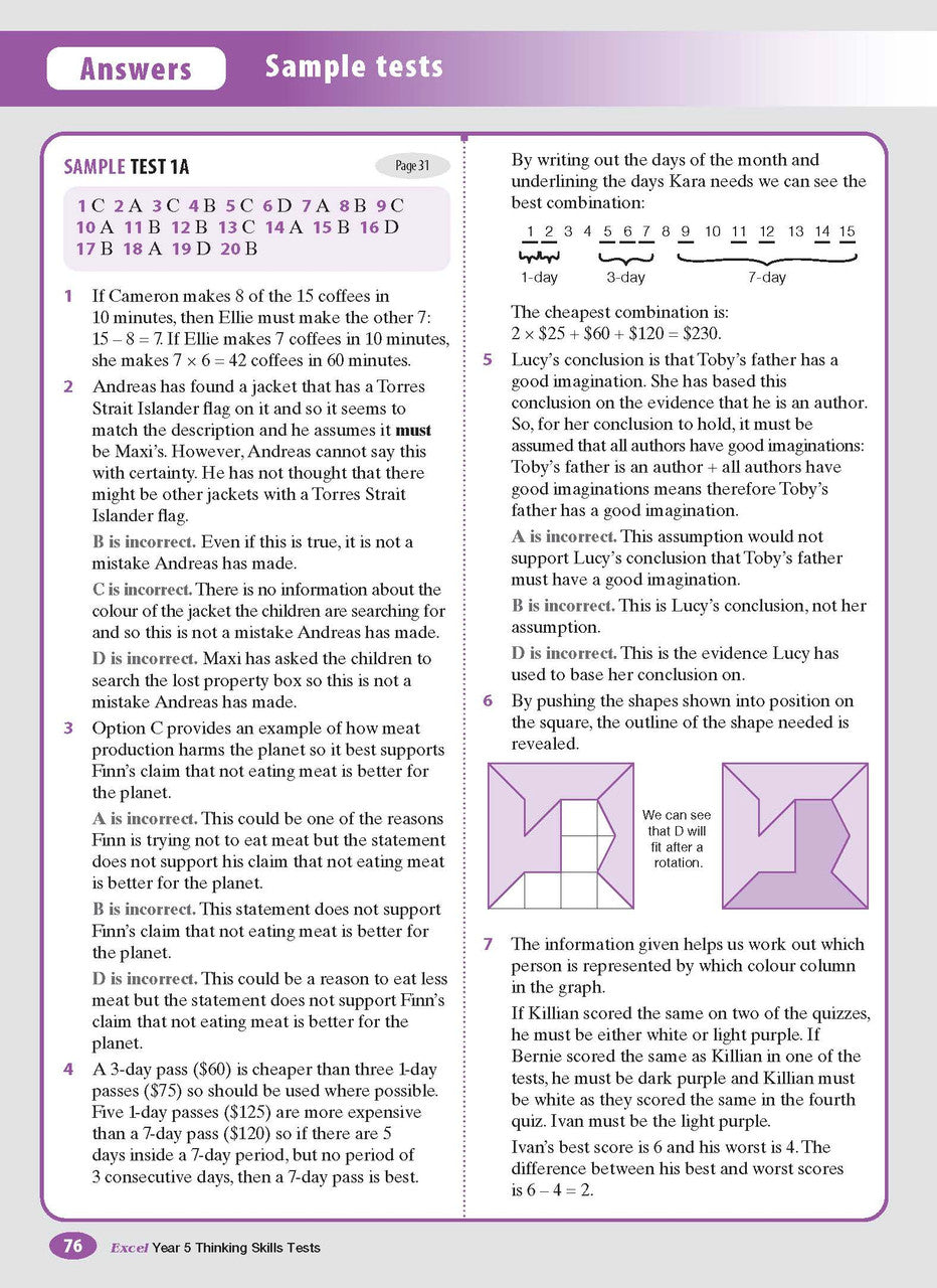 Sample interior page from the Excel Thinking Skills Tests Year 5 workbook as shown in the publisher gallery