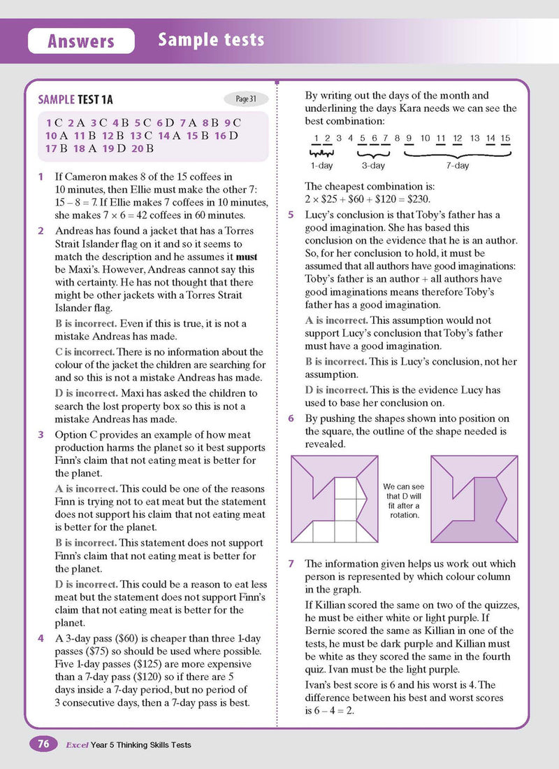 Sample interior page from the Excel Thinking Skills Tests Year 5 workbook as shown in the publisher gallery