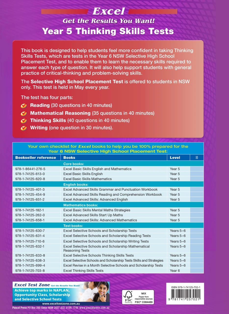 Sample interior page from the Excel Thinking Skills Tests Year 5 workbook as shown in the publisher gallery