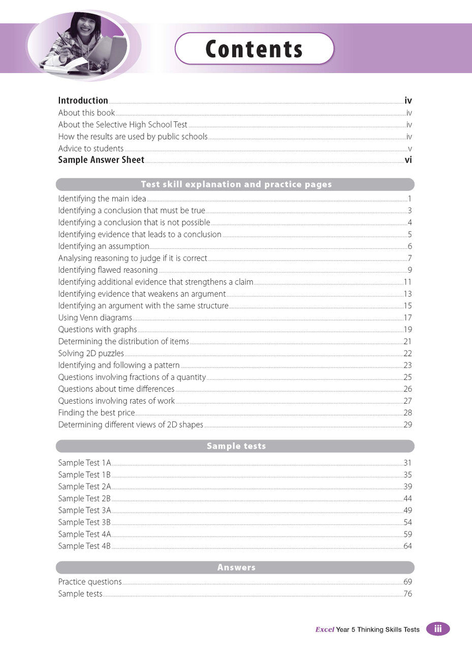 Sample interior page from the Excel Thinking Skills Tests Year 5 workbook as shown in the publisher gallery