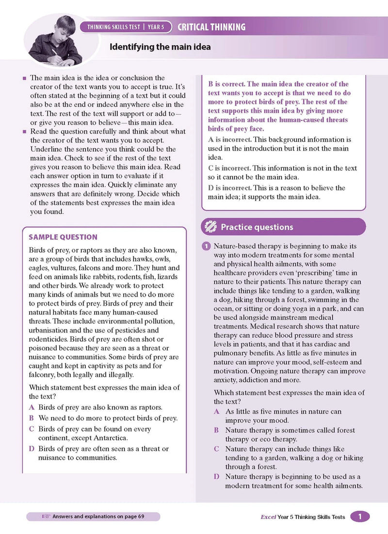 Sample interior page from the Excel Thinking Skills Tests Year 5 workbook as shown in the publisher gallery