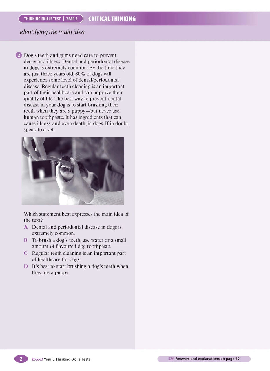 Sample interior page from the Excel Thinking Skills Tests Year 5 workbook as shown in the publisher gallery