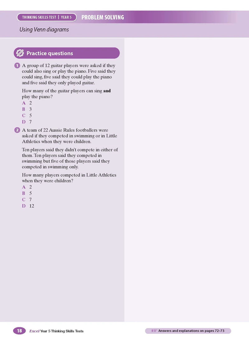 Sample interior page from the Excel Thinking Skills Tests Year 5 workbook as shown in the publisher gallery