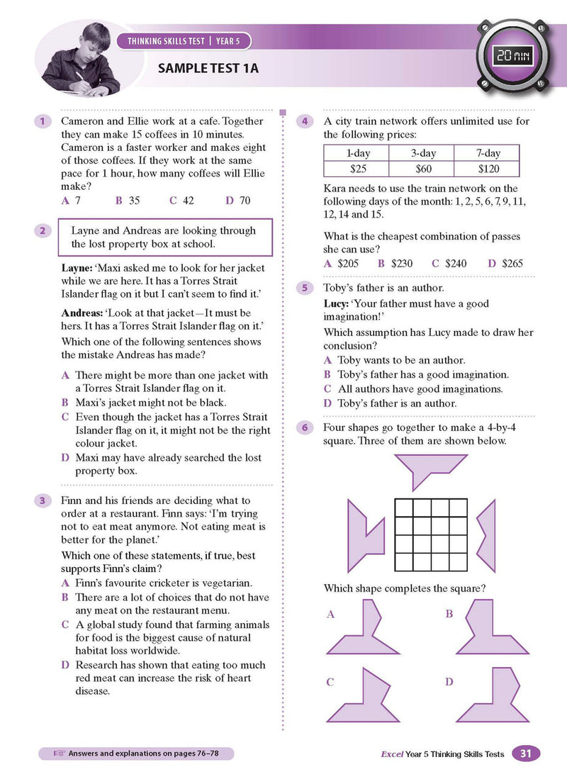 Sample interior page from the Excel Thinking Skills Tests Year 5 workbook as shown in the publisher gallery