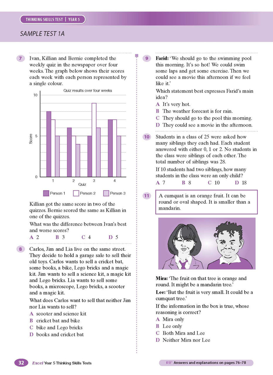 Sample interior page from the Excel Thinking Skills Tests Year 5 workbook as shown in the publisher gallery