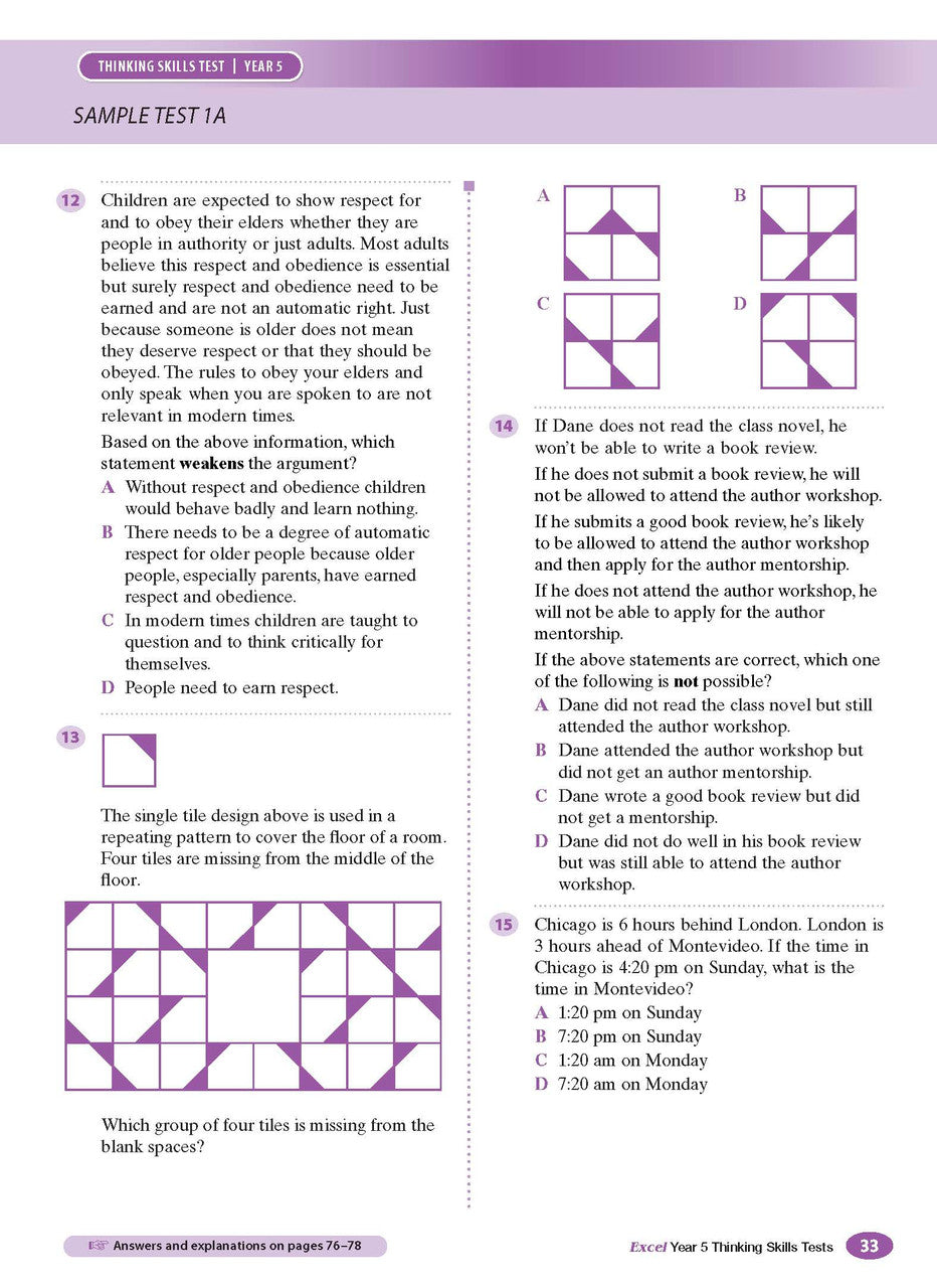 Sample interior page from the Excel Thinking Skills Tests Year 5 workbook as shown in the publisher gallery