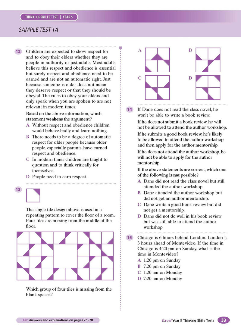 Sample interior page from the Excel Thinking Skills Tests Year 5 workbook as shown in the publisher gallery
