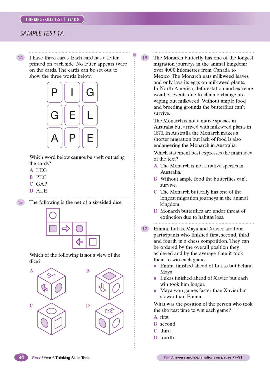 Sample interior page from the Excel Thinking Skills Tests Year 6 workbook as shown in the publisher gallery