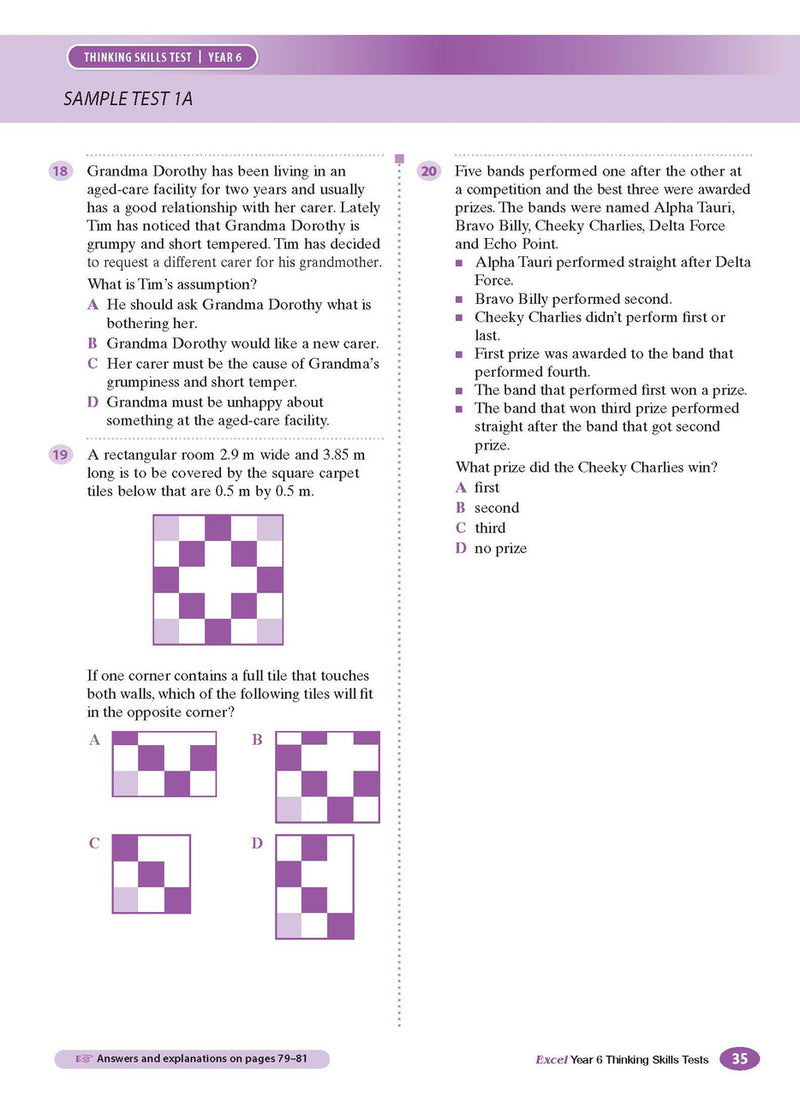 Sample interior page from the Excel Thinking Skills Tests Year 6 workbook as shown in the publisher gallery