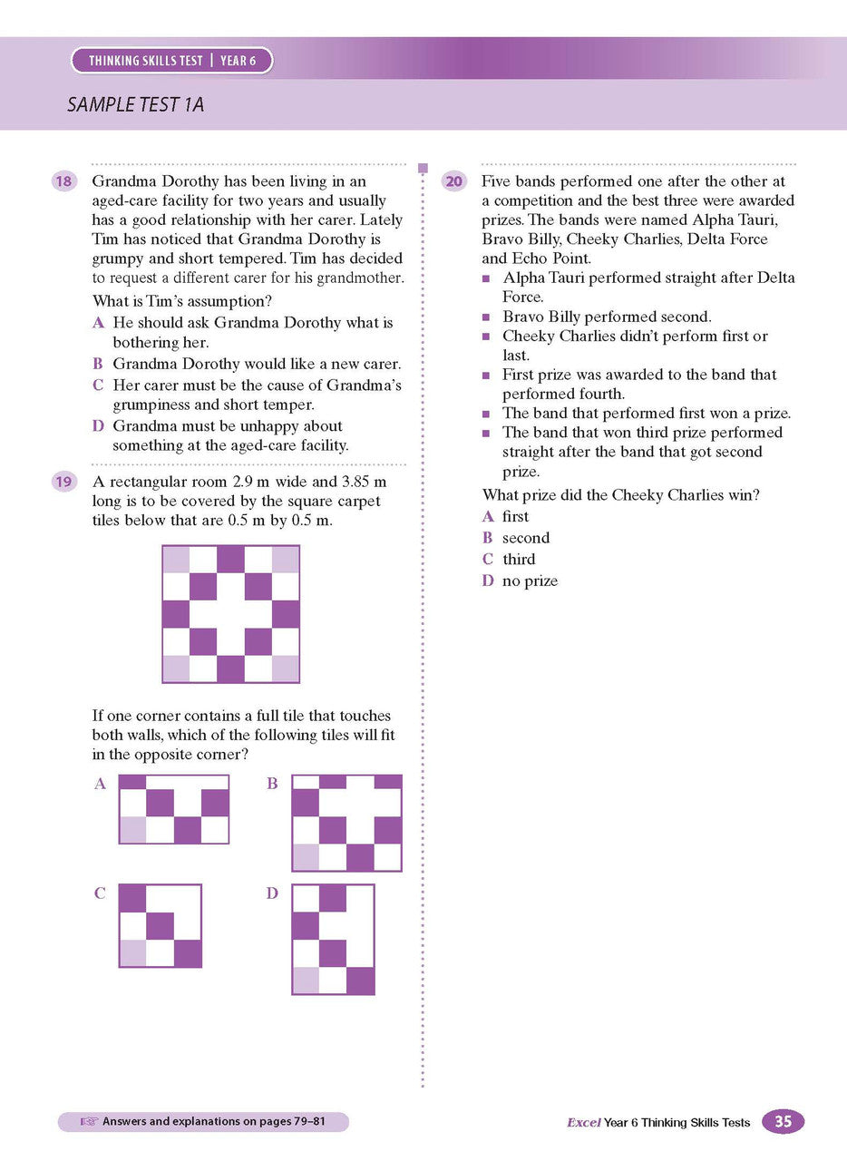 Sample interior page from the Excel Thinking Skills Tests Year 6 workbook as shown in the publisher gallery