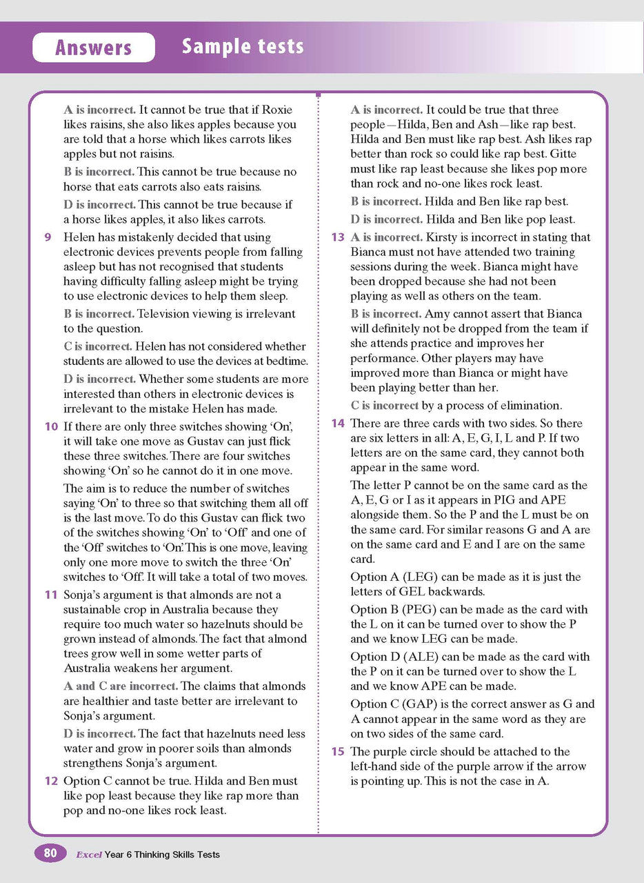Sample interior page from the Excel Thinking Skills Tests Year 6 workbook as shown in the publisher gallery