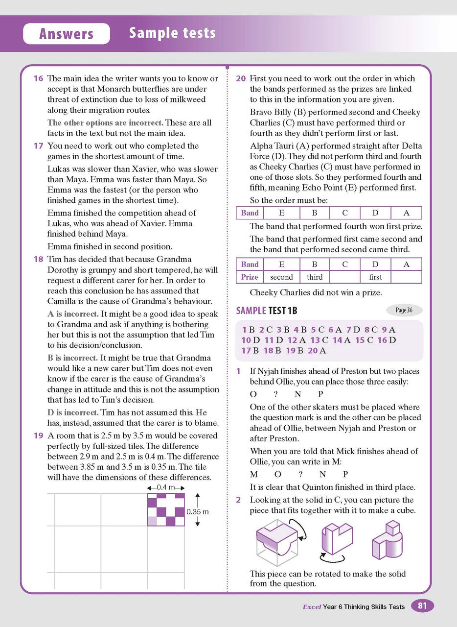 Sample interior page from the Excel Thinking Skills Tests Year 6 workbook as shown in the publisher gallery