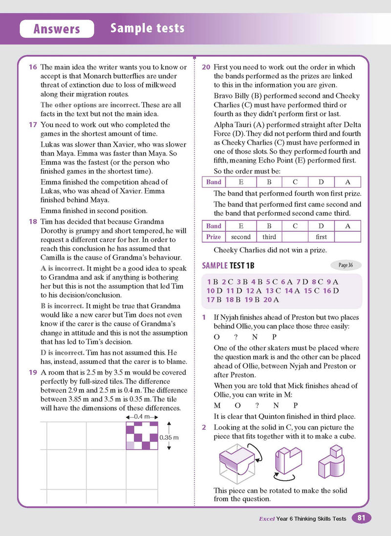 Sample interior page from the Excel Thinking Skills Tests Year 6 workbook as shown in the publisher gallery