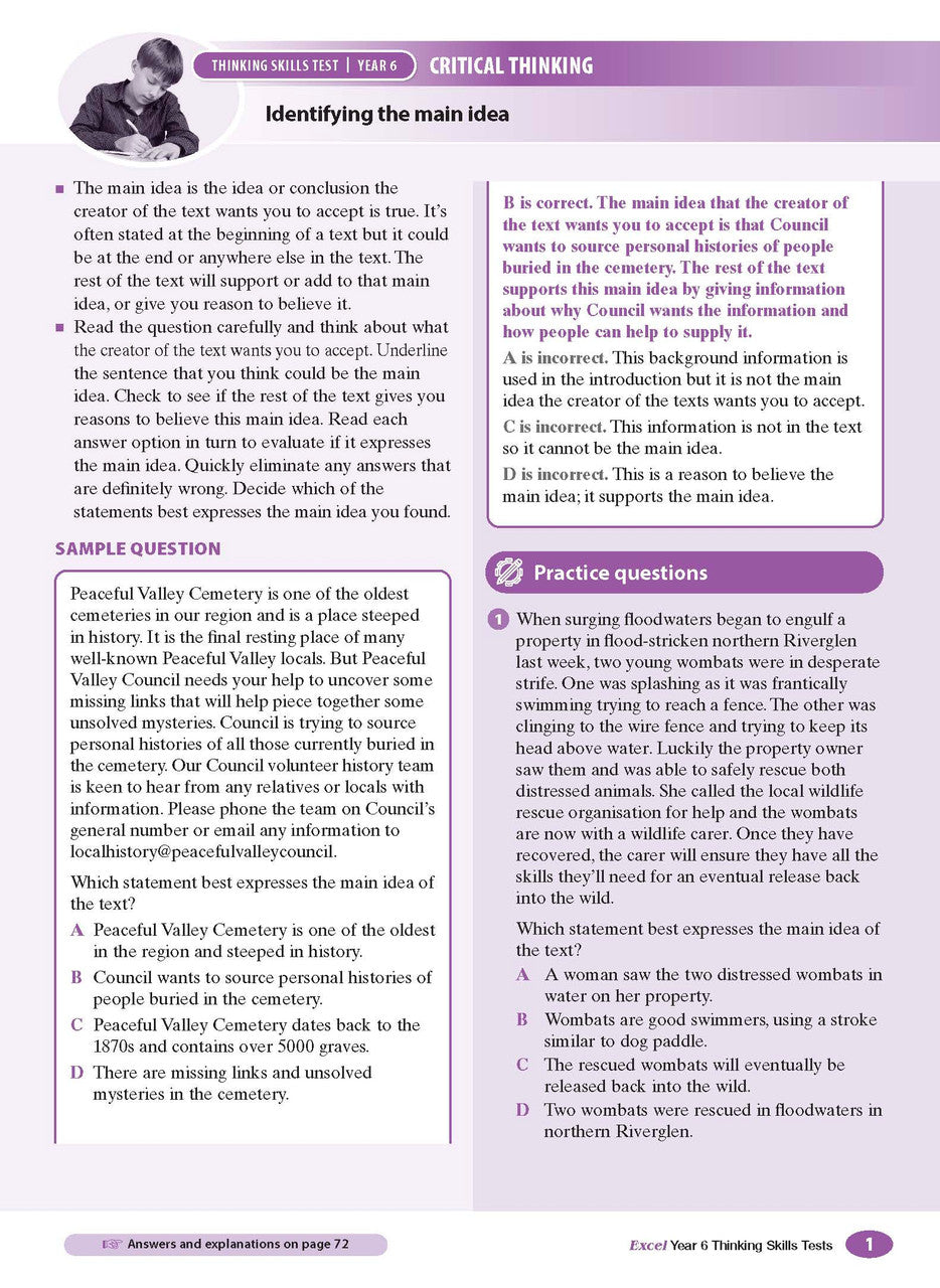Sample interior page from the Excel Thinking Skills Tests Year 6 workbook as shown in the publisher gallery