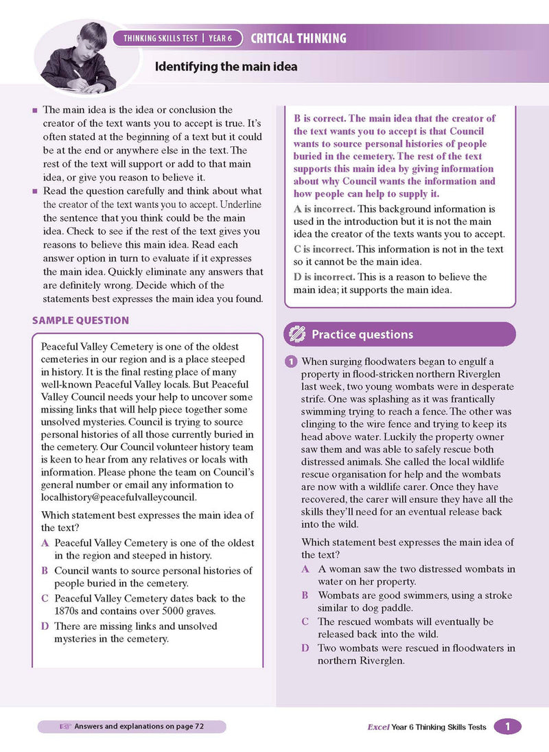 Sample interior page from the Excel Thinking Skills Tests Year 6 workbook as shown in the publisher gallery