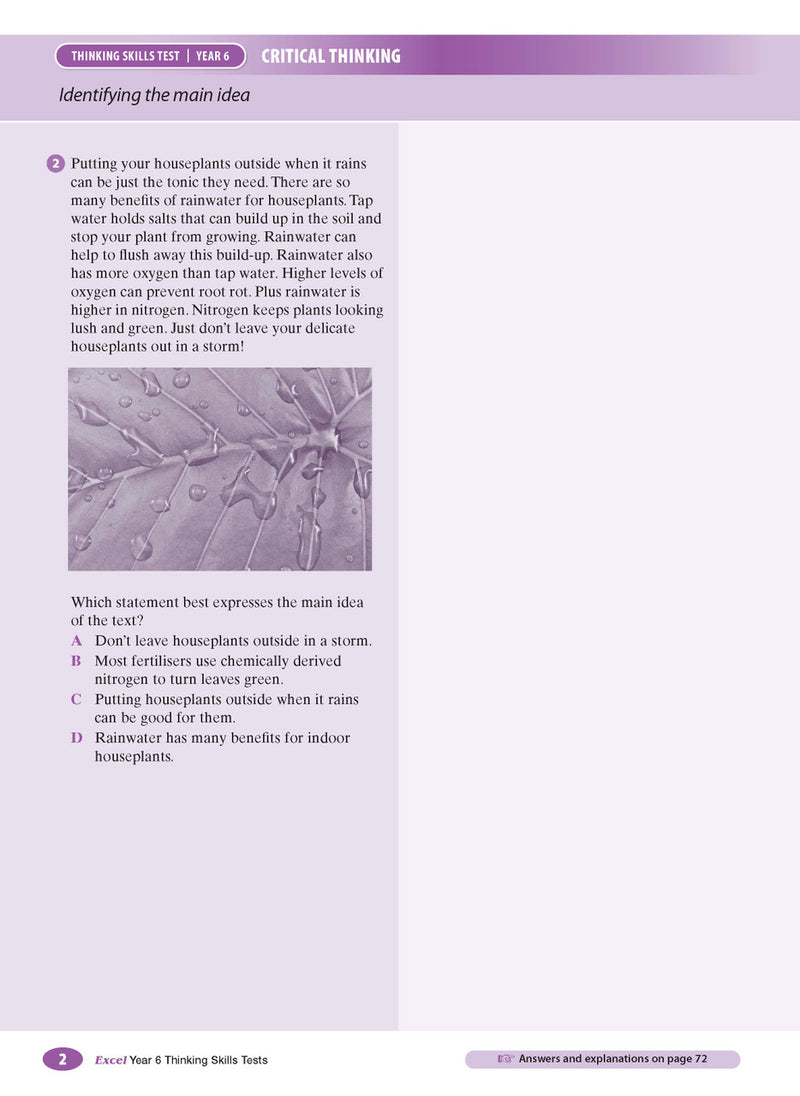 Sample interior page from the Excel Thinking Skills Tests Year 6 workbook as shown in the publisher gallery