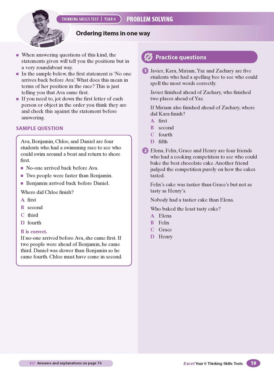 Sample interior page from the Excel Thinking Skills Tests Year 6 workbook as shown in the publisher gallery