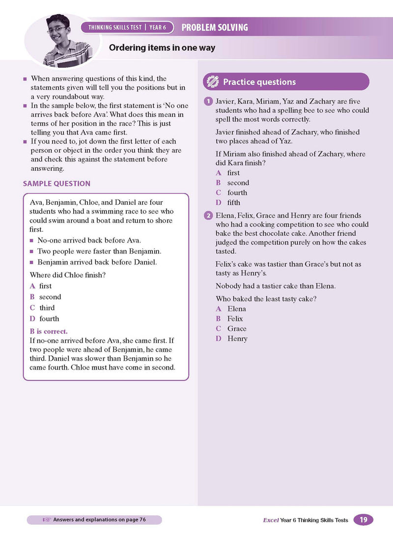 Sample interior page from the Excel Thinking Skills Tests Year 6 workbook as shown in the publisher gallery