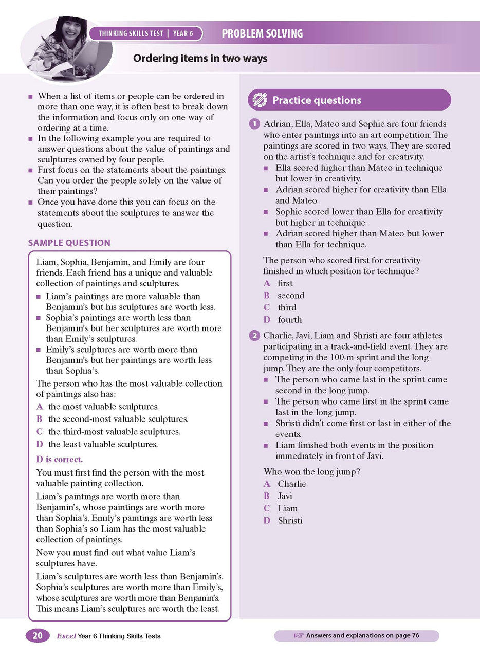 Sample interior page from the Excel Thinking Skills Tests Year 6 workbook as shown in the publisher gallery