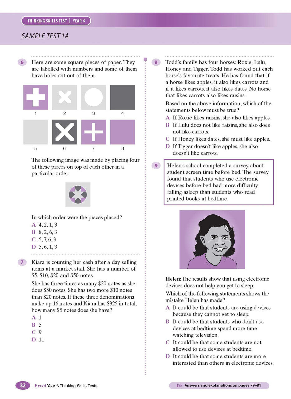 Sample interior page from the Excel Thinking Skills Tests Year 6 workbook as shown in the publisher gallery