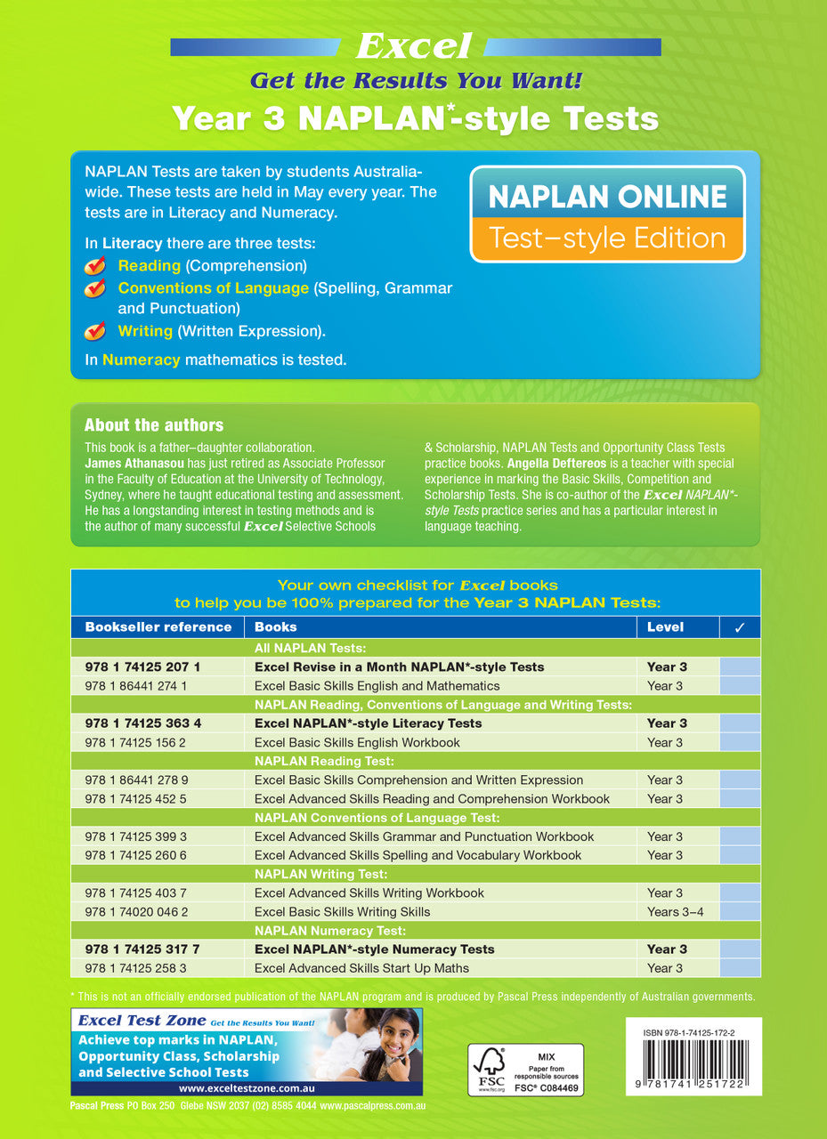 Back cover of the Excel Year 3 NAPLAN-style Tests workbook with the publisher's summary of contents