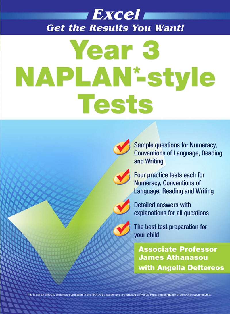Front cover of the Excel Year 3 NAPLAN-style Tests workbook from Pascal Press