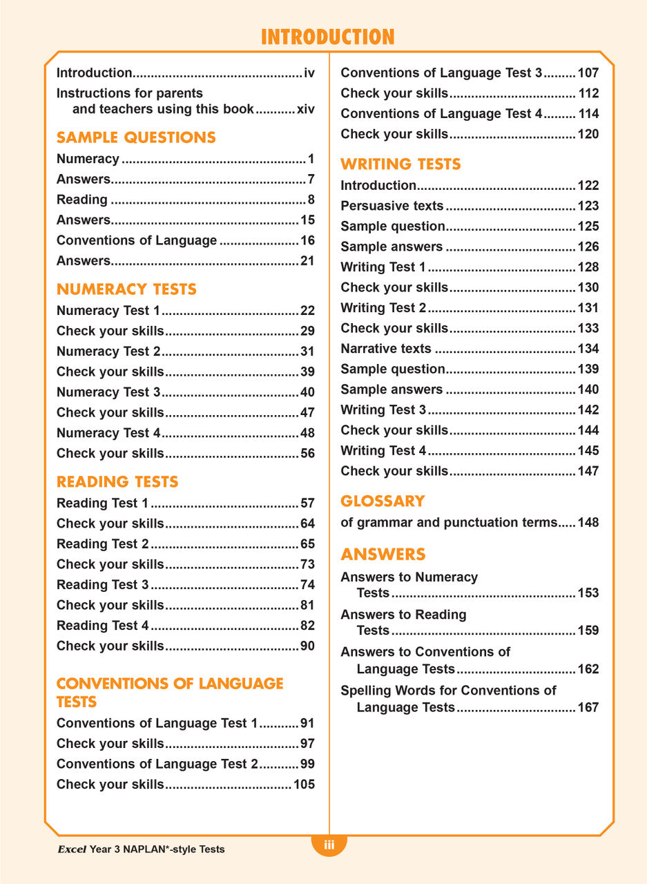 Contents page listing the tests and sections in the Excel Year 3 NAPLAN-style Tests workbook