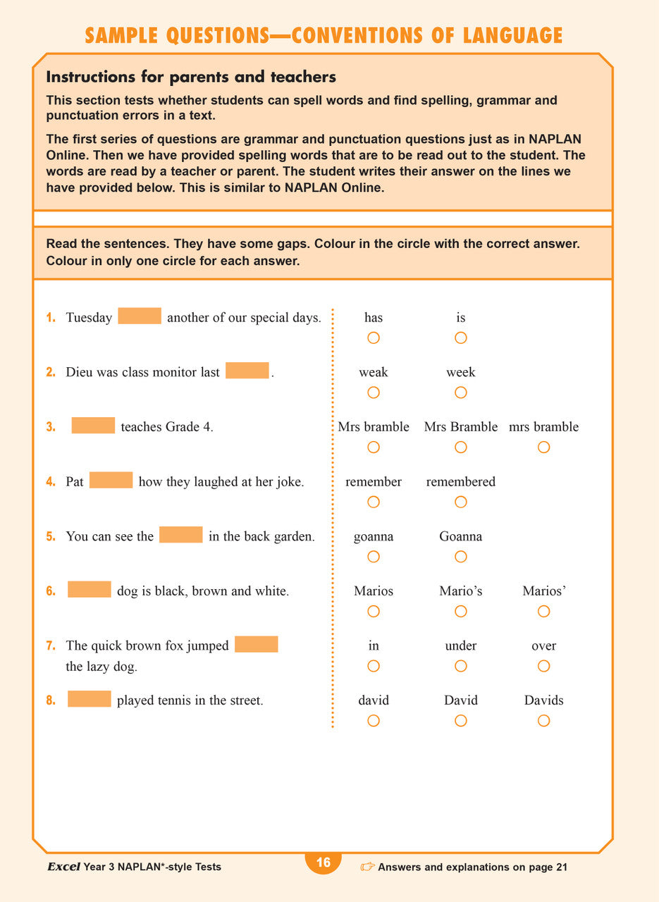 Sample interior page from the Excel Year 3 NAPLAN-style Tests workbook as shown in the publisher gallery