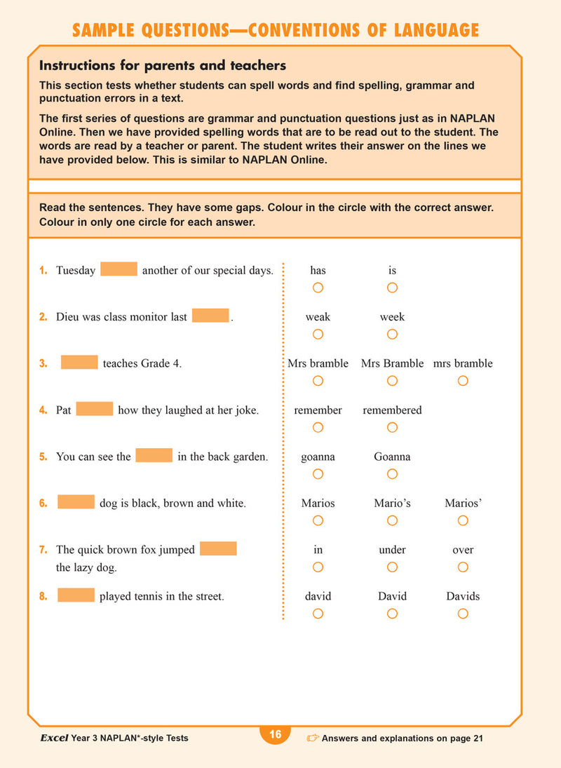 Sample interior page from the Excel Year 3 NAPLAN-style Tests workbook as shown in the publisher gallery