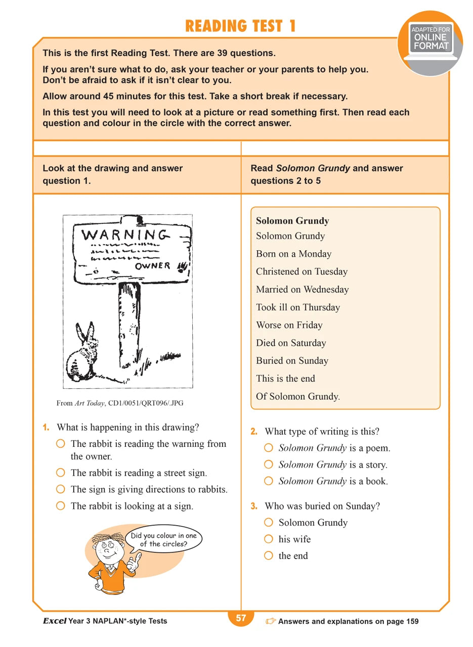 Sample interior page from the Excel Year 3 NAPLAN-style Tests workbook as shown in the publisher gallery