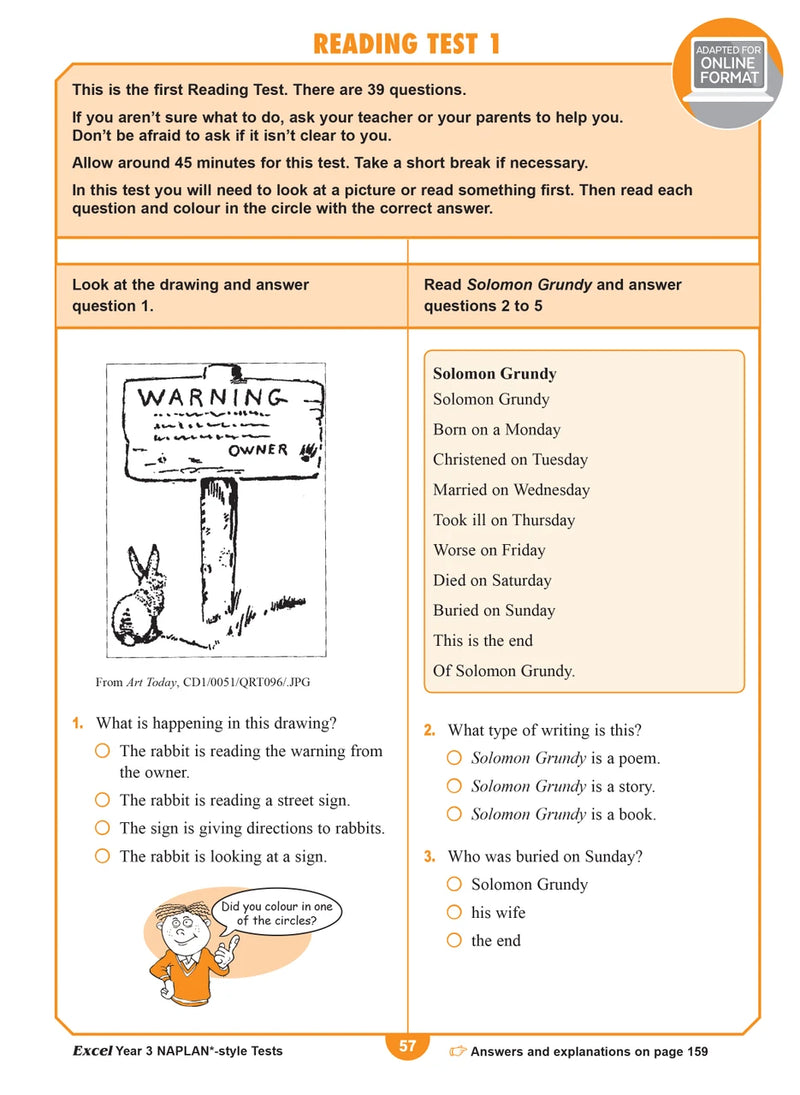 Sample interior page from the Excel Year 3 NAPLAN-style Tests workbook as shown in the publisher gallery