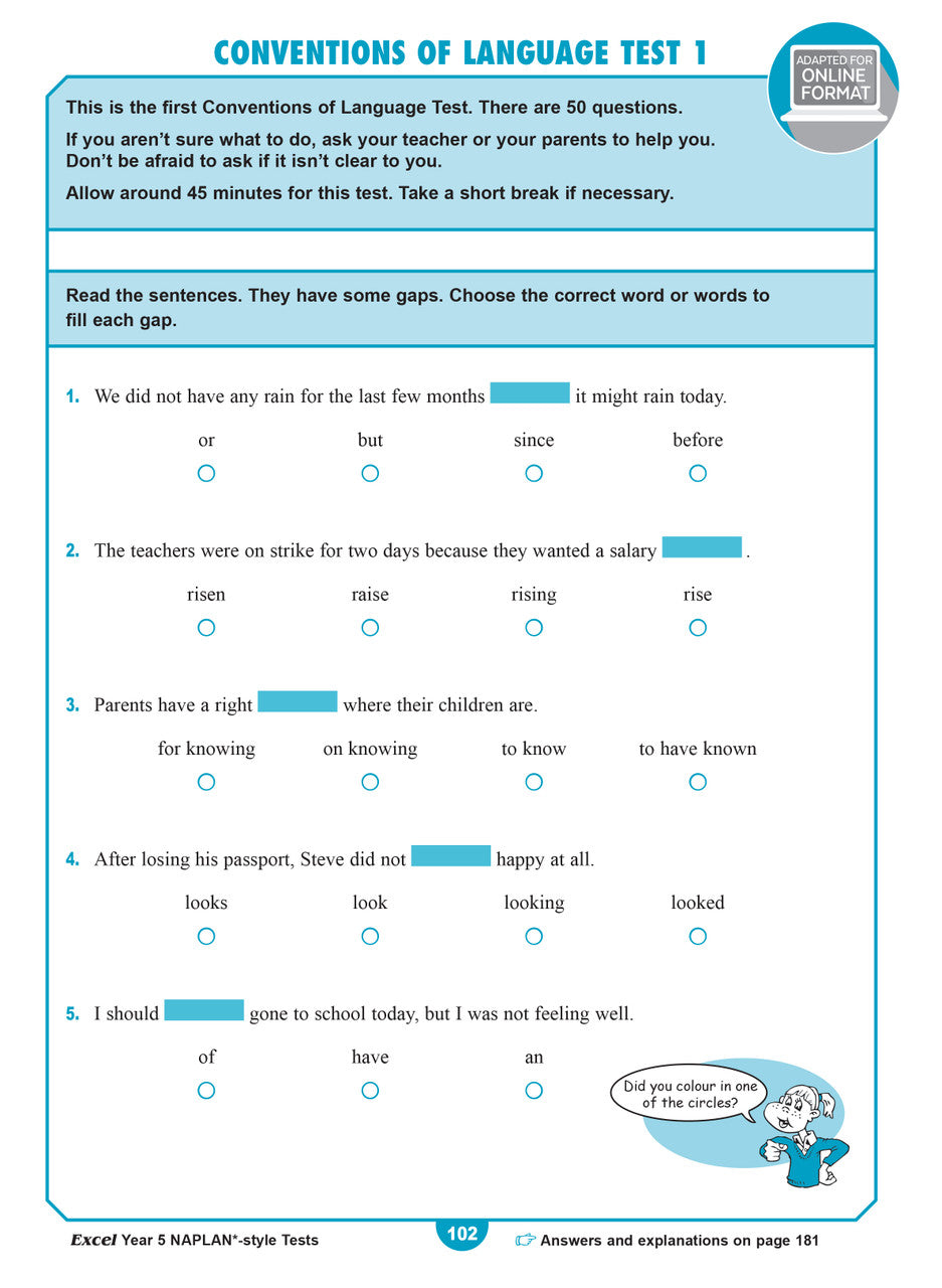 Sample interior page from the Excel Year 5 NAPLAN-style Tests workbook as shown in the publisher gallery