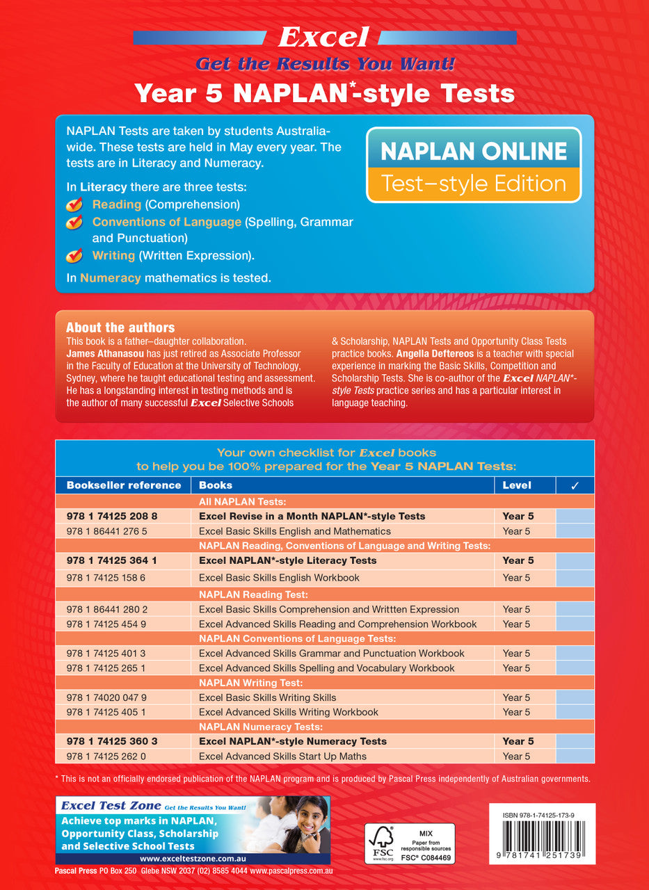 Back cover of the Excel Year 5 NAPLAN-style Tests workbook with the publisher's summary of contents