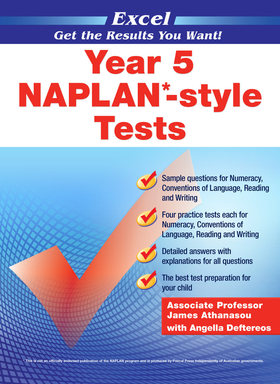 Front cover of the Excel Year 5 NAPLAN-style Tests workbook from Pascal Press