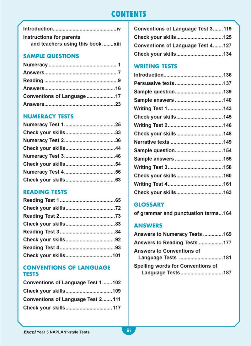 Contents page listing the tests and sections in the Excel Year 5 NAPLAN-style Tests workbook