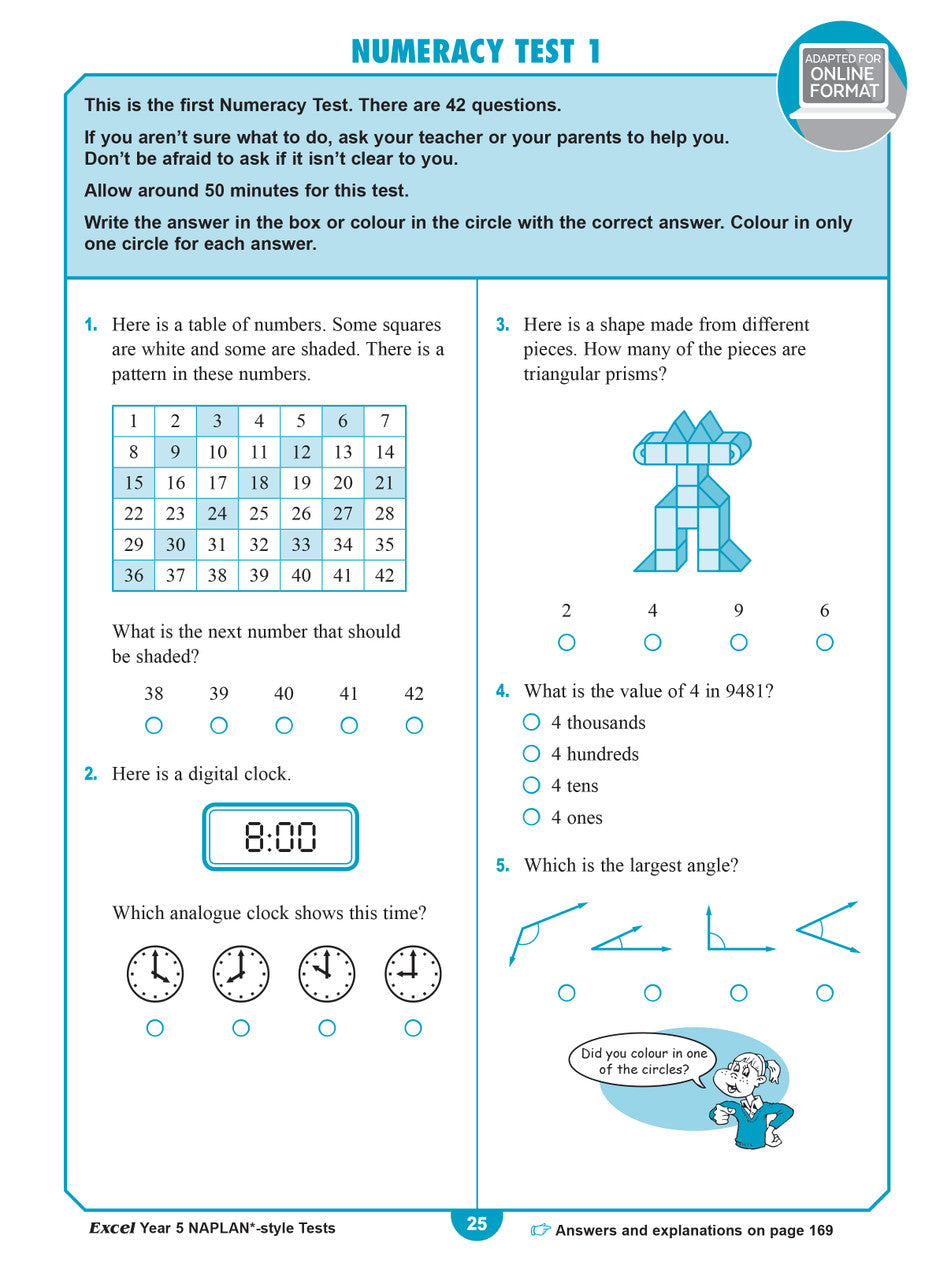 Sample interior page from the Excel Year 5 NAPLAN-style Tests workbook as shown in the publisher gallery