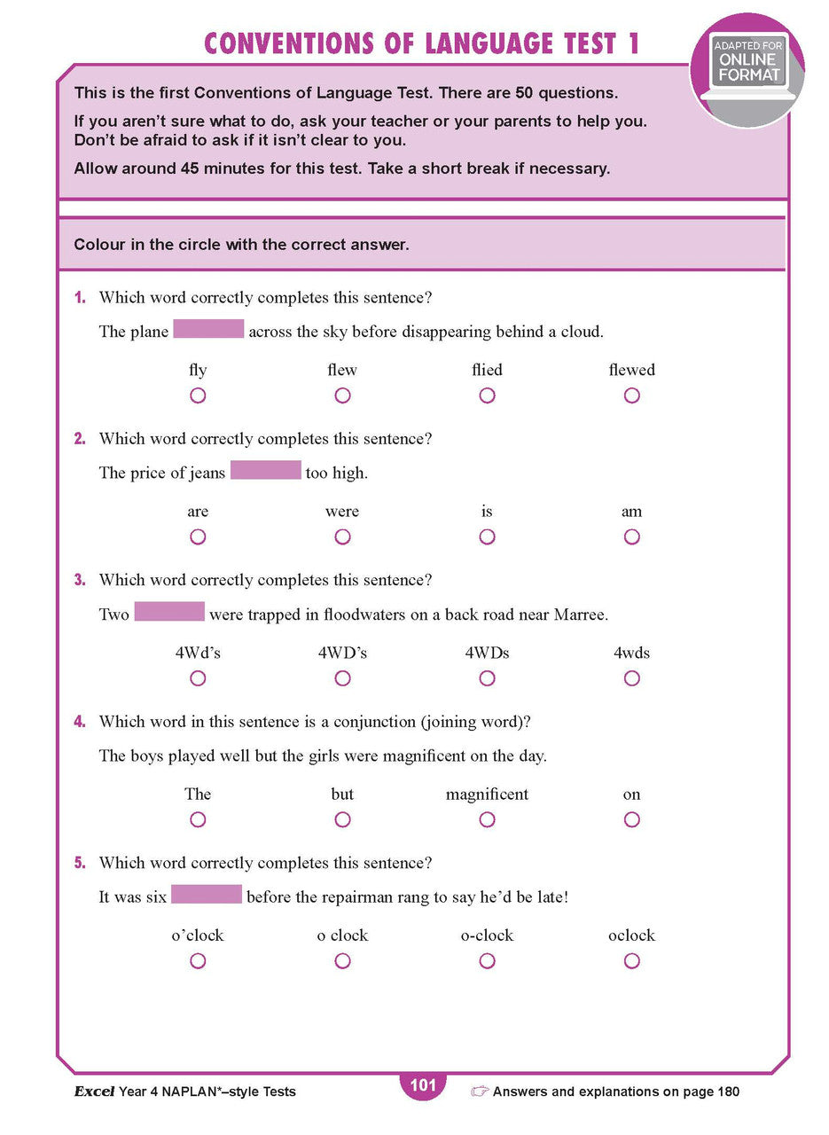 Sample interior page from the Excel Year 4 NAPLAN-style Tests workbook as shown in the publisher gallery