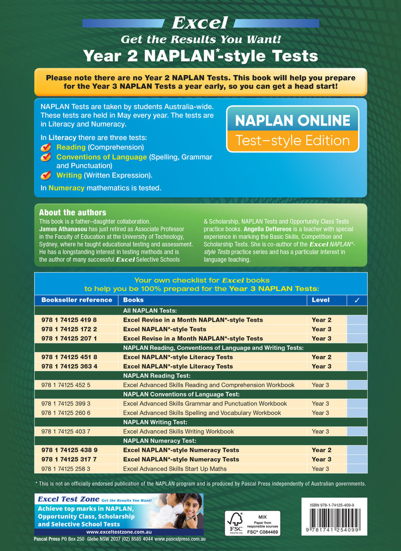 Back cover of the Excel Year 2 NAPLAN-style Tests workbook with the publisher's summary of contents