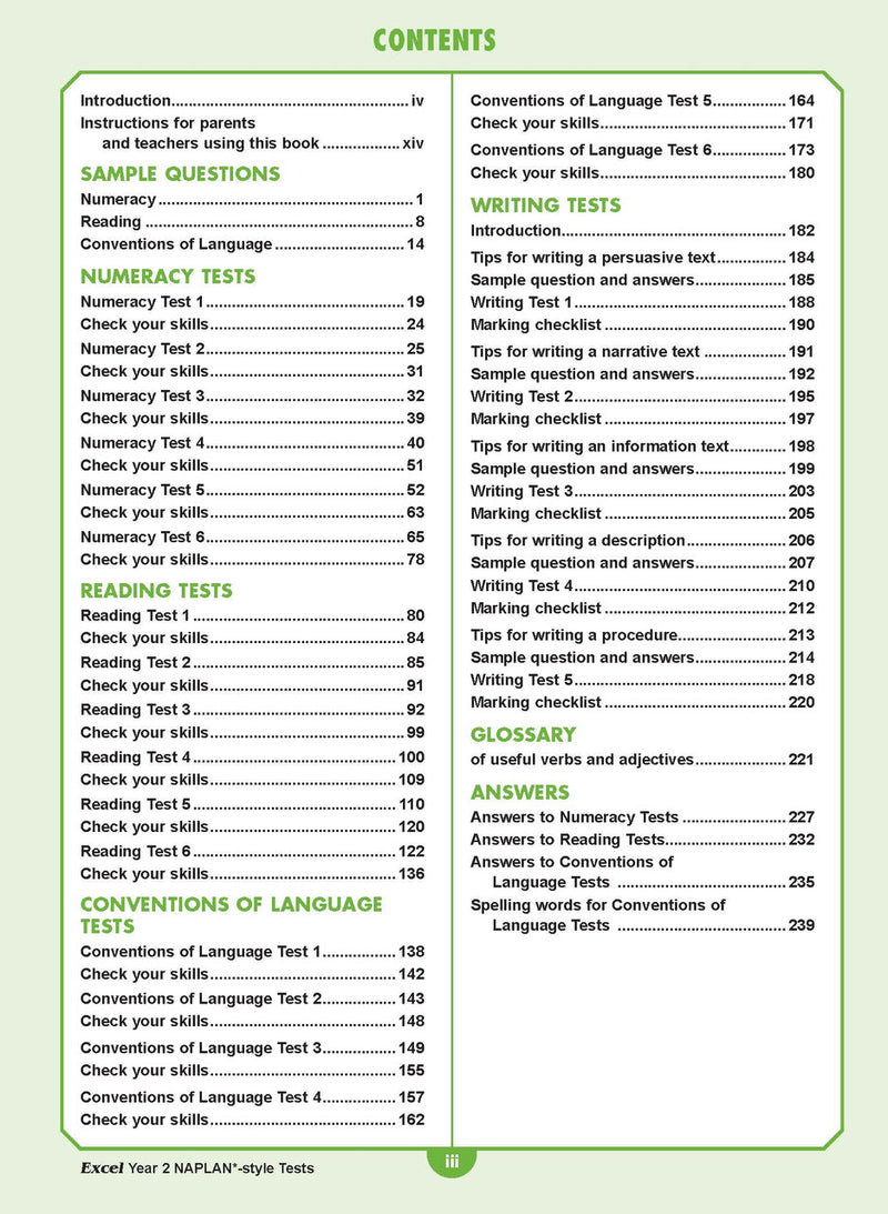 Contents page listing the tests and sections in the Excel Year 2 NAPLAN-style Tests workbook