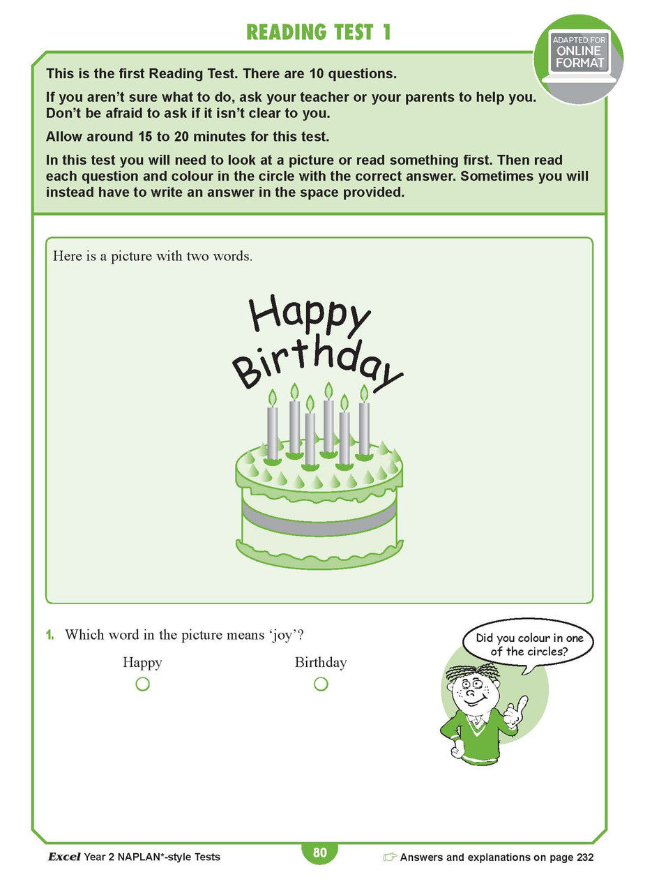 Sample interior page from the Excel Year 2 NAPLAN-style Tests workbook as shown in the publisher gallery
