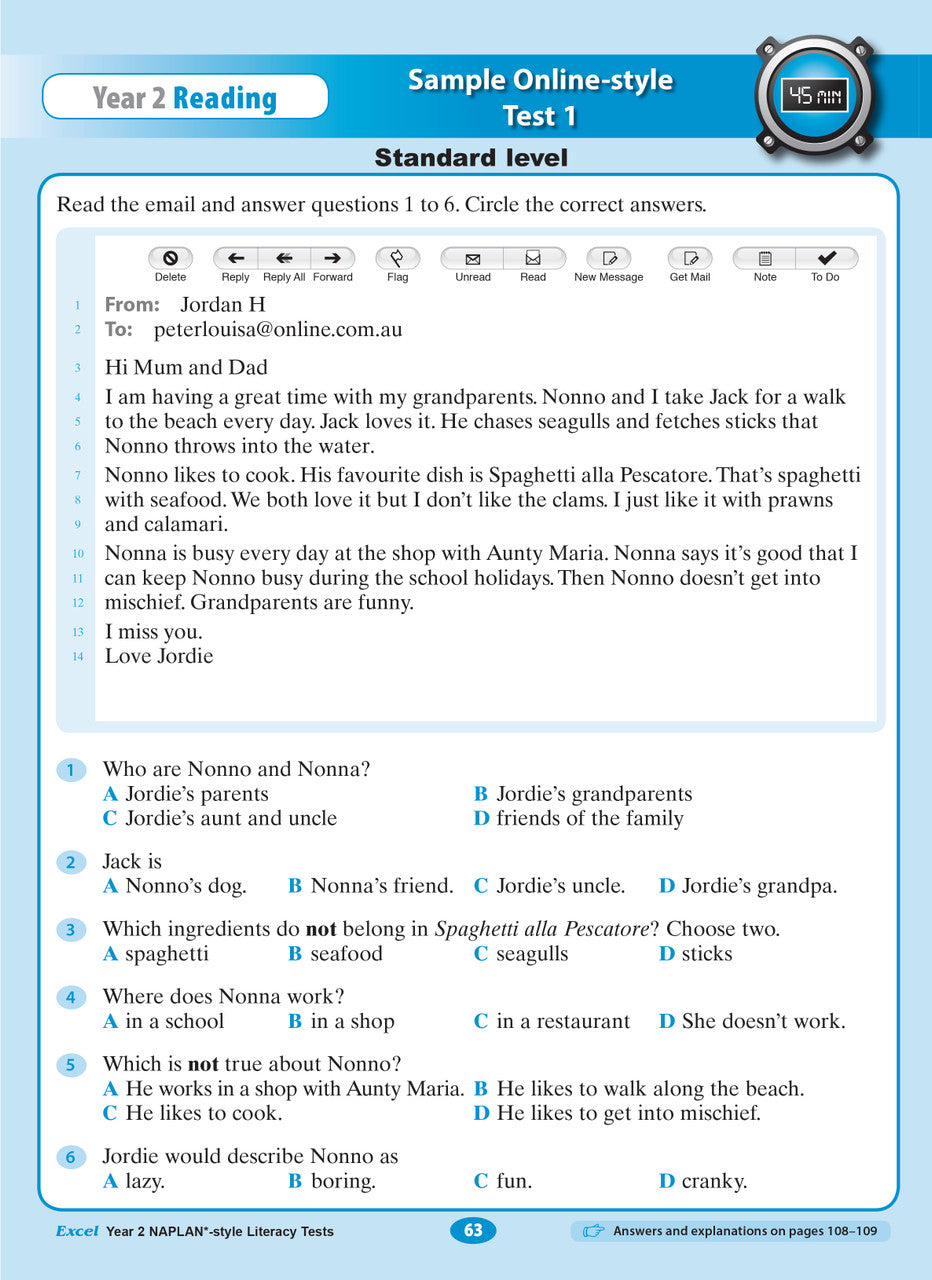 Sample interior page from the Excel Year 2 NAPLAN-style Literacy Tests workbook as shown in the publisher gallery