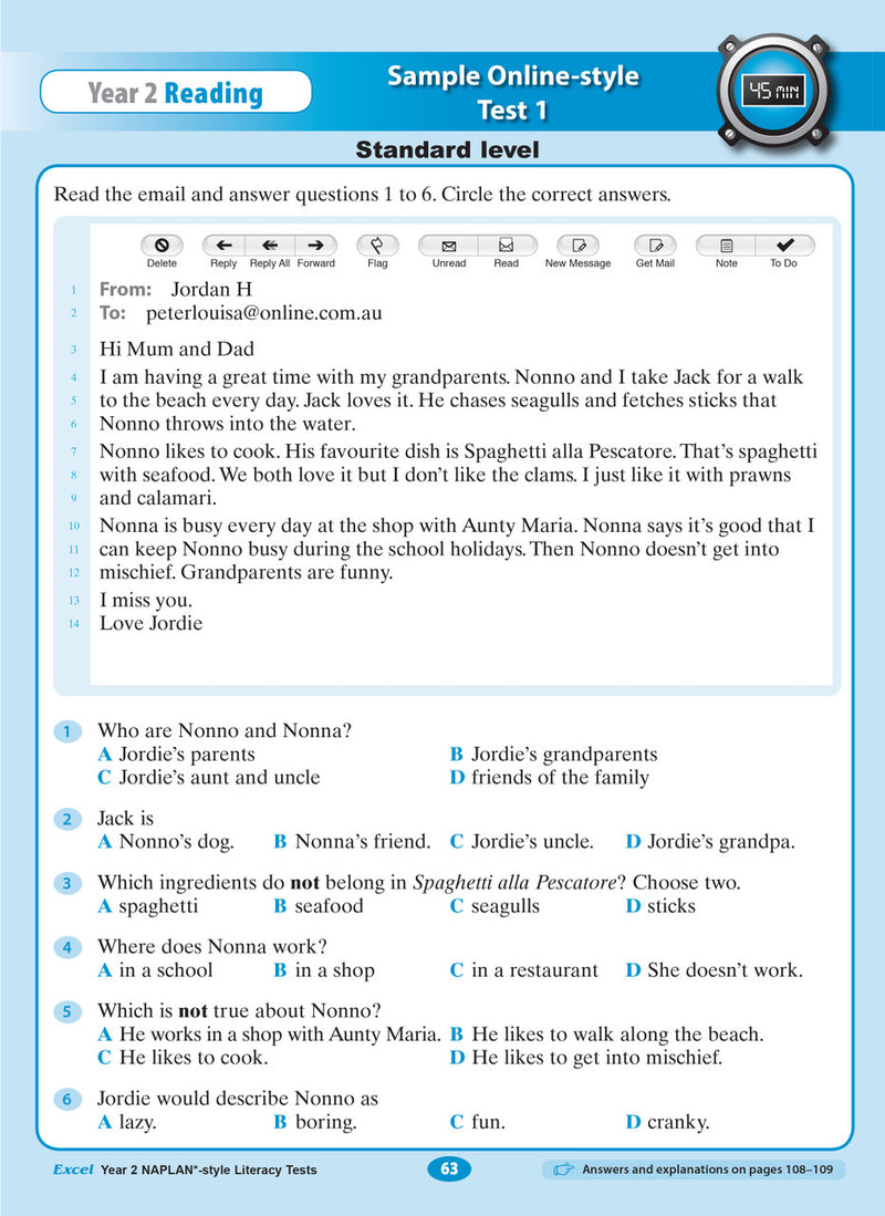 Sample interior page from the Excel Year 2 NAPLAN-style Literacy Tests workbook as shown in the publisher gallery