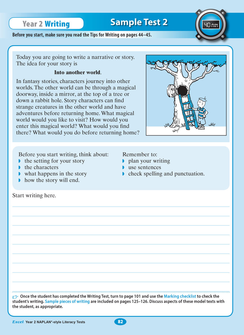 Sample interior page from the Excel Year 2 NAPLAN-style Literacy Tests workbook as shown in the publisher gallery