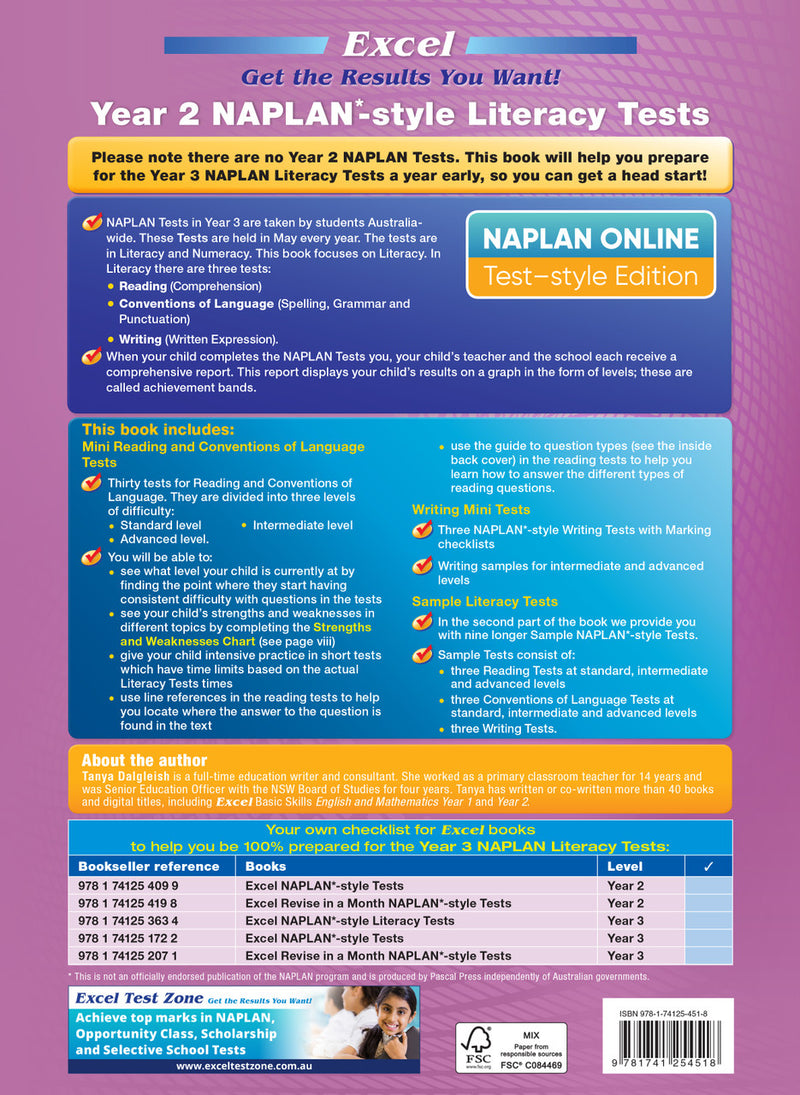 Back cover of the Excel Year 2 NAPLAN-style Literacy Tests workbook with the publisher's summary of contents