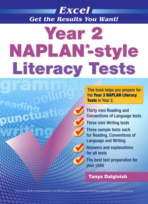 Front cover of the Excel Year 2 NAPLAN-style Literacy Tests workbook from Pascal Press